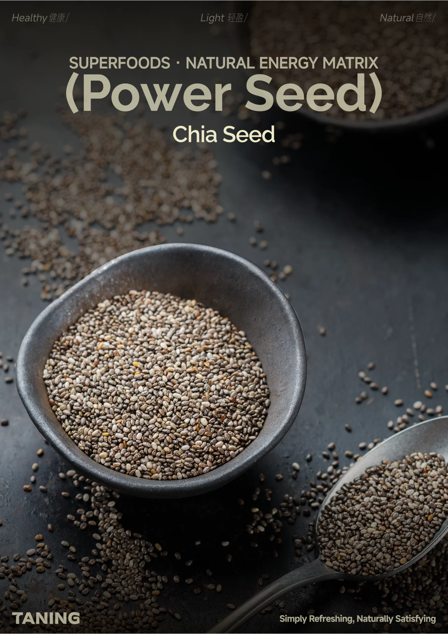 TANING poster for Kale, "Gym's Green Gold" superfood, featuring fresh green kale leaves on a dark background.